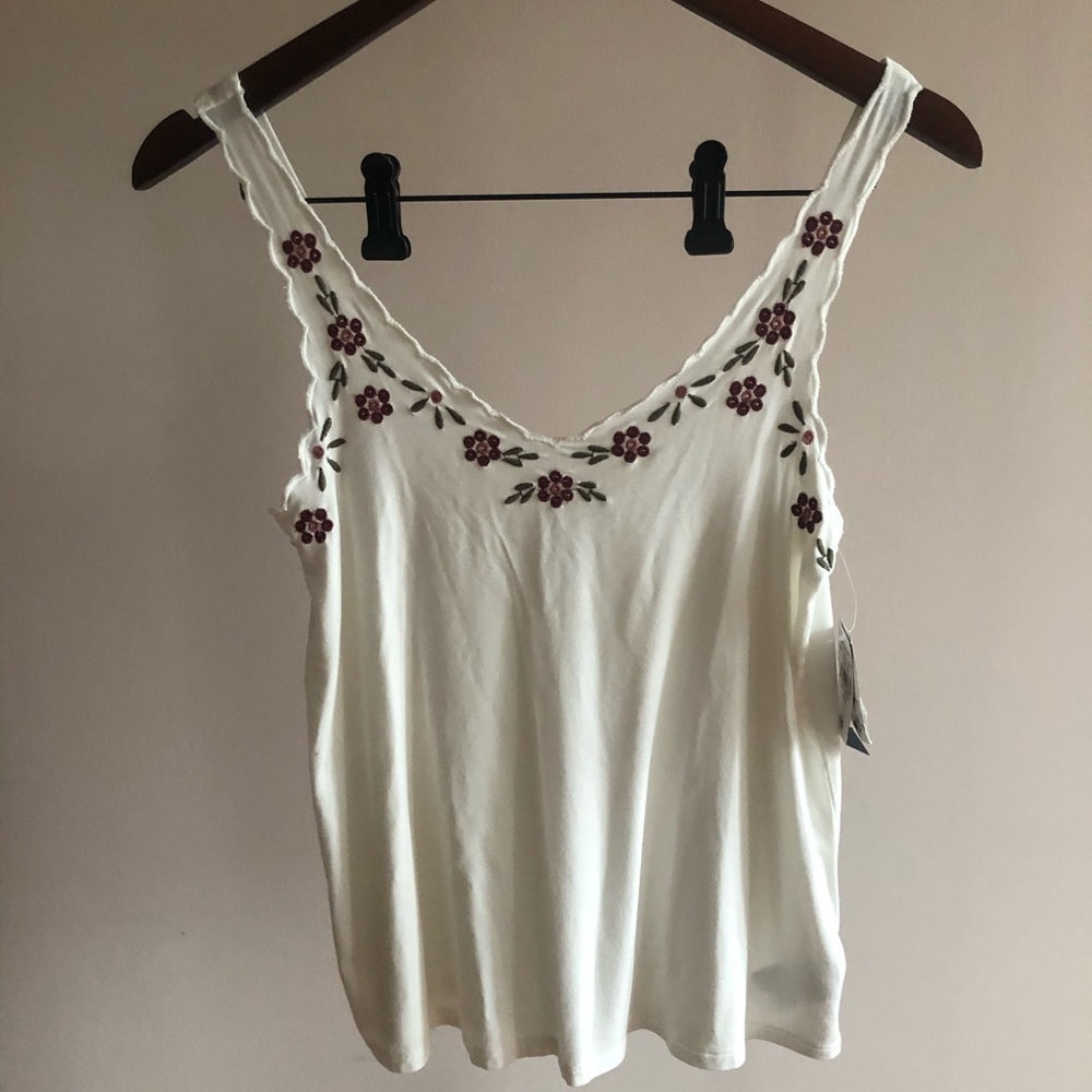 American Eagle Outfitters Cream Tank Top with Burgundy Floral Embroidery